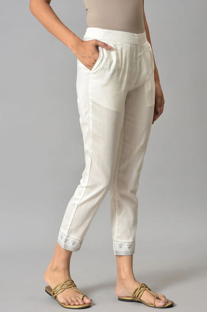 White Floral Wide Leg Cotton Pants With Elasticated Waist — photo 4