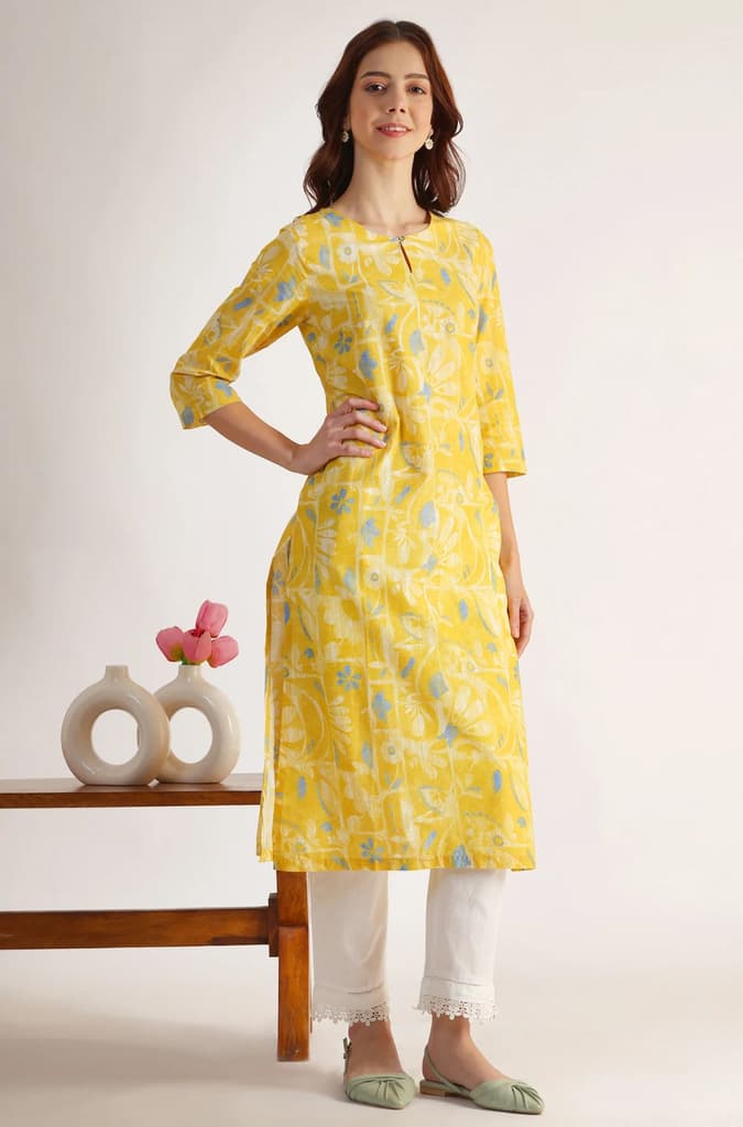 Yellow Floral Printed Straight Pure Cotton Kurta — photo 7
