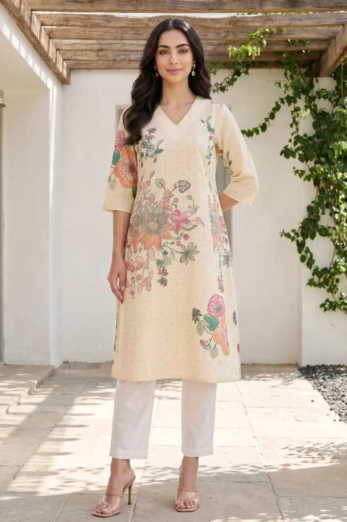 Beige Floral Printed Pure Cotton Straight Kurta — XS