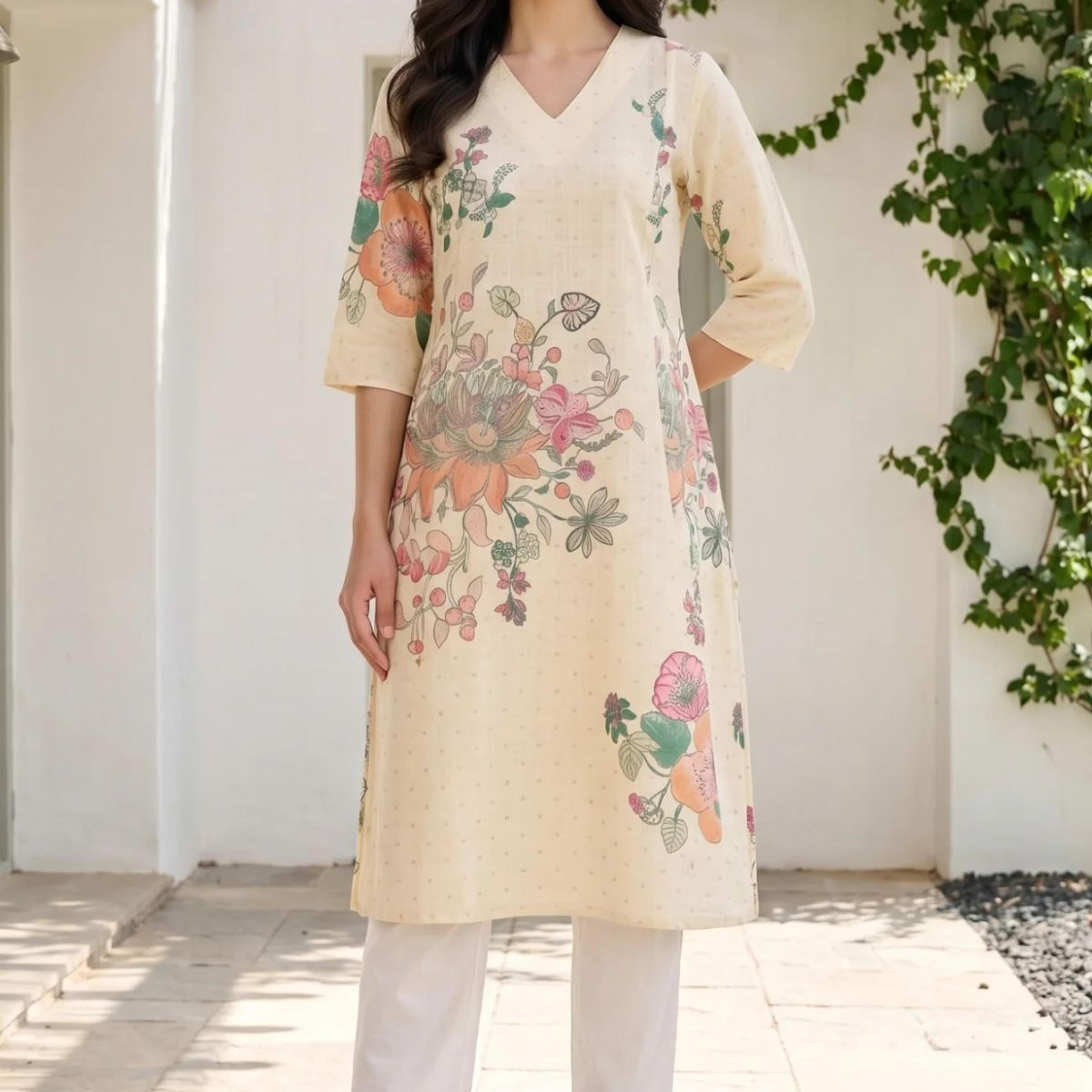 Beige Floral Printed Pure Cotton Straight Kurta
