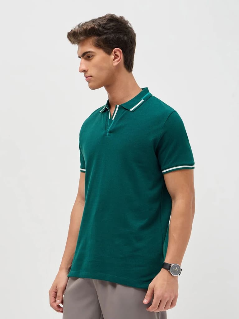Men's Teal Green Solid Regular Fit Half Sleeve Cotton Polo T-Shirt — photo 2