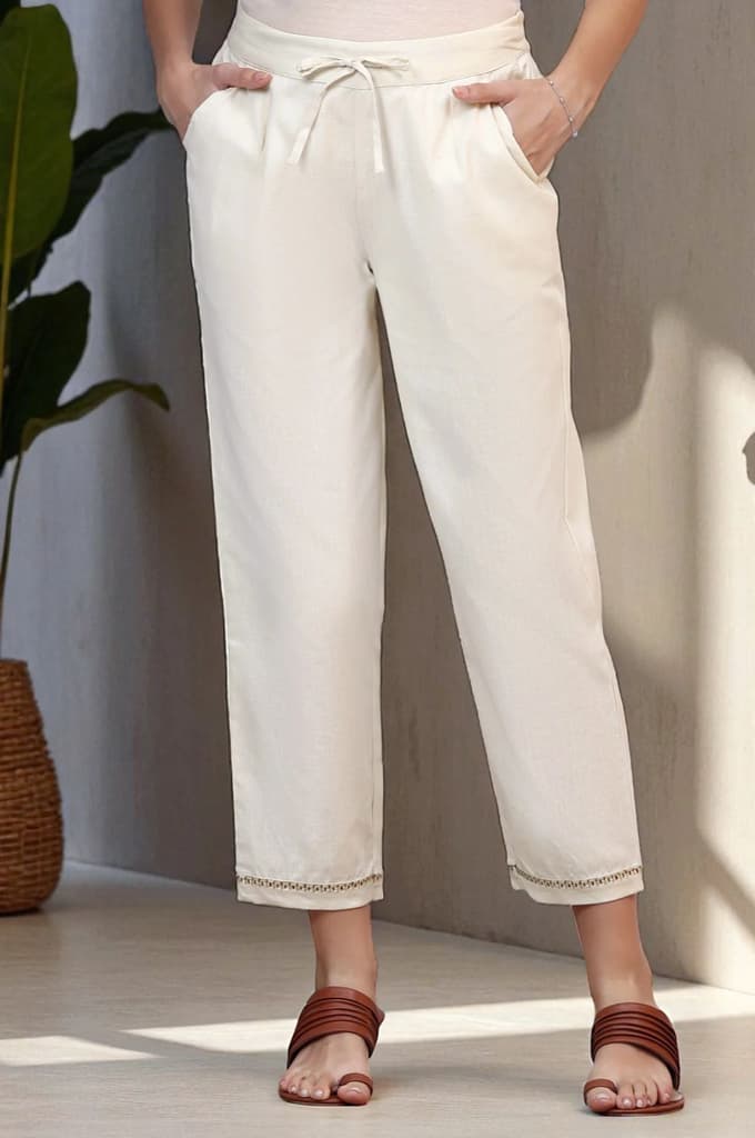 Off-White Solid Cotton Flax Straight Pants with Embroidered Hemline — S