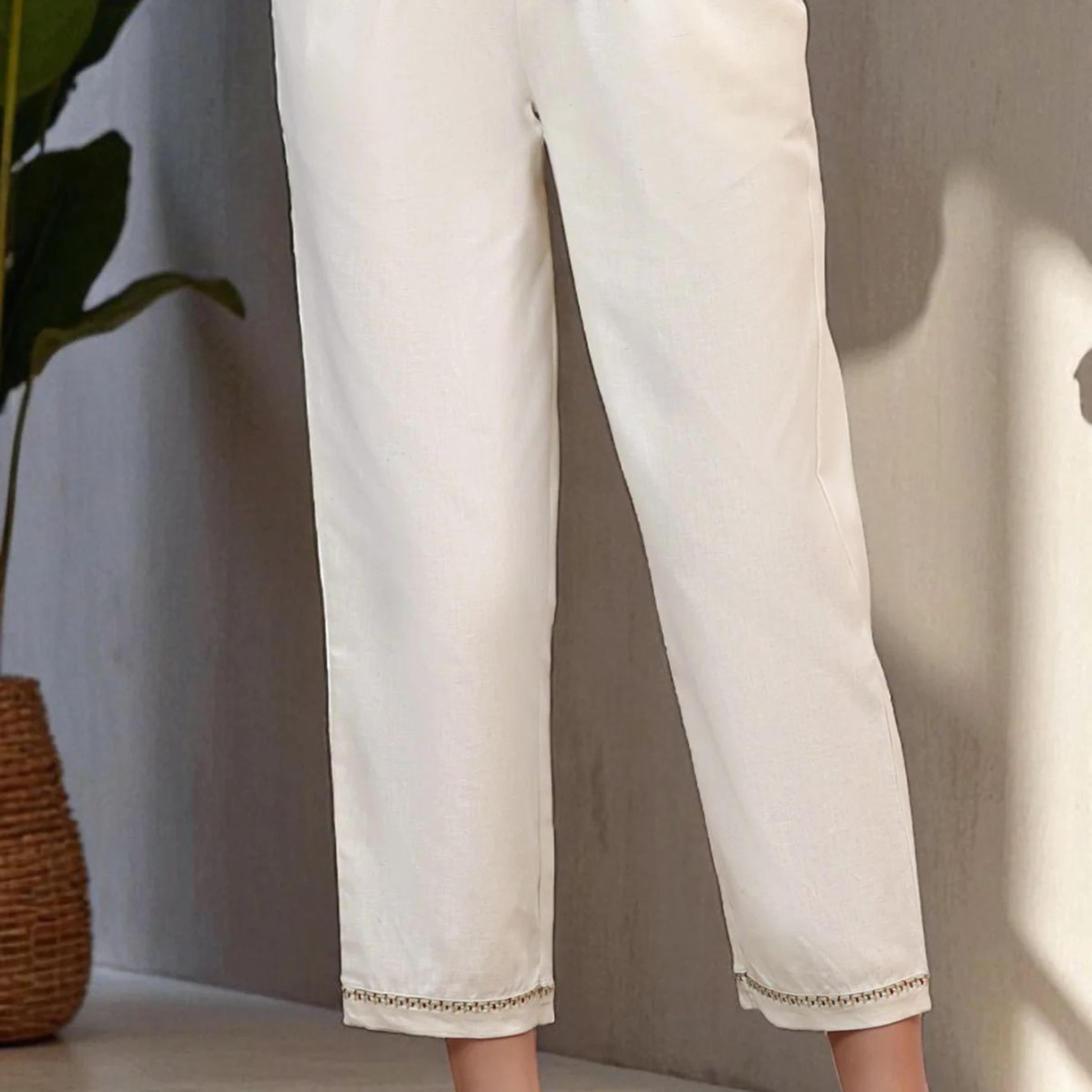 Off-White Solid Cotton Flax Straight Pants with Embroidered Hemline