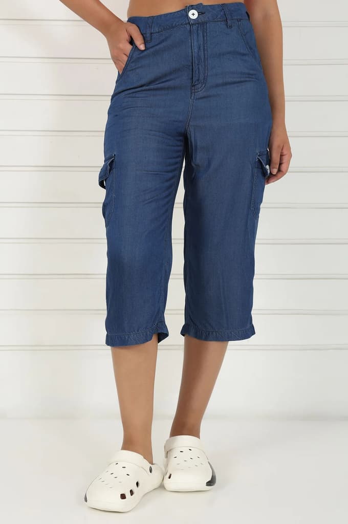 Blue Linen Lyocell Mid Rise Calf Length Capri with YKK Zipper — photo 2