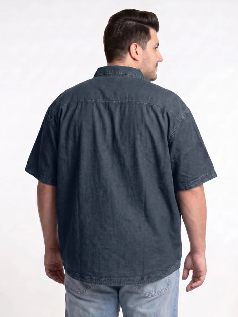 Plus Men's Dark Blue Oversized Fit Half Sleeve Solid Casual Denim Shirt — photo 3