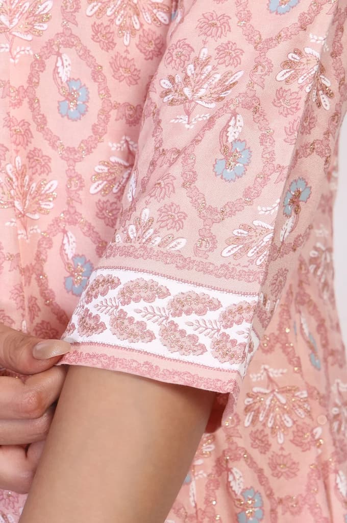 Pink Floral Ethnic Printed Embellished A-Line Rayon Kurta — photo 7