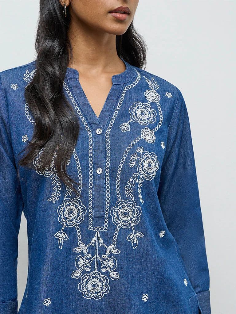 Utsa Blue Floral Embroidered Denim Tunic — photo 3
