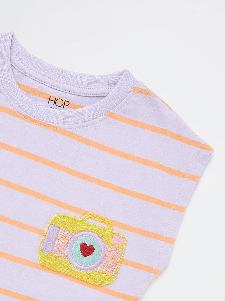 HOP Kids Girls Lilac Striped Cotton T-Shirt — photo 6