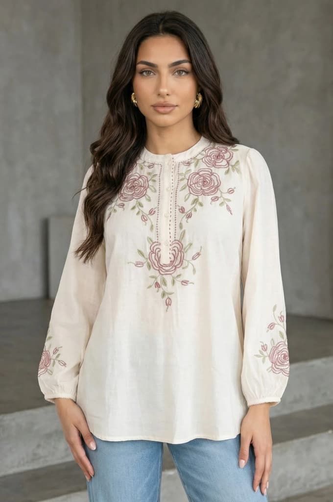 Off White Thread Embroidered New Cotton Silk A-line Top — XS