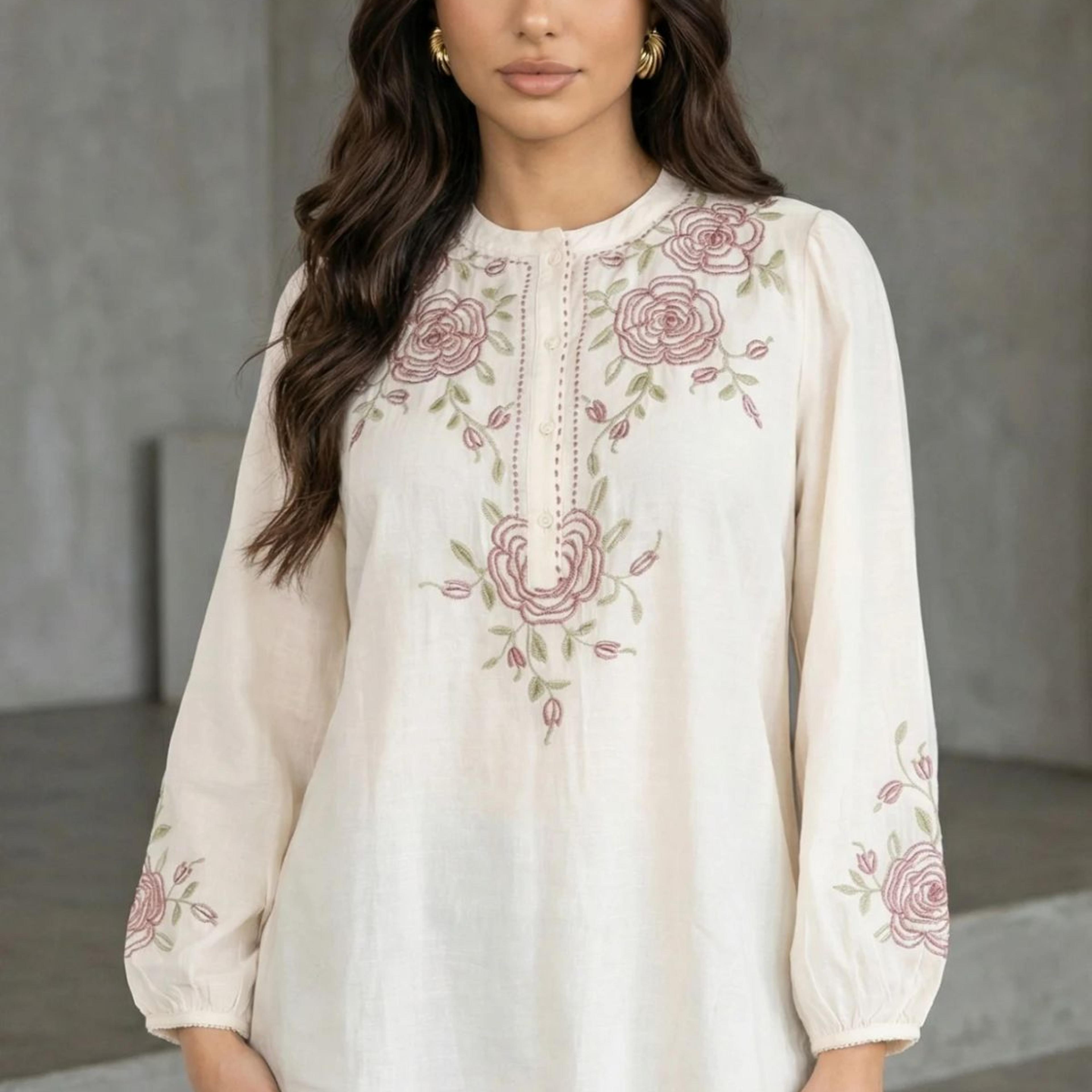 Off White Thread Embroidered New Cotton Silk A-line Top