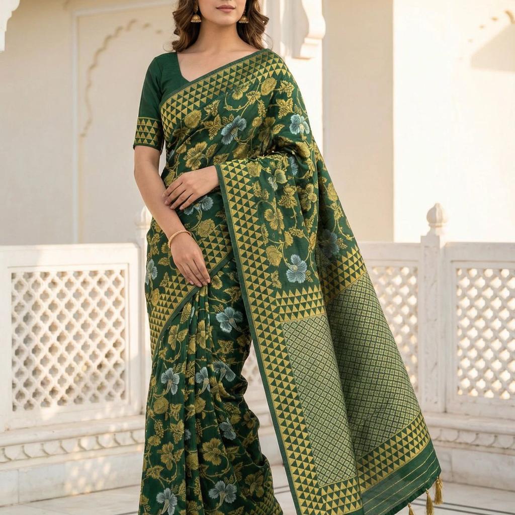 MIMOSA Women's Woven Design Kanjivaram Style Art Silk Saree with Blouse Piece - Green ( SA00003152GRNFREE )