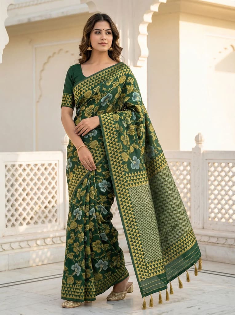 MIMOSA Women's Woven Design Kanjivaram Style Art Silk Saree with Blouse Piece - Green ( SA00003152GRNFREE ) — Default Title