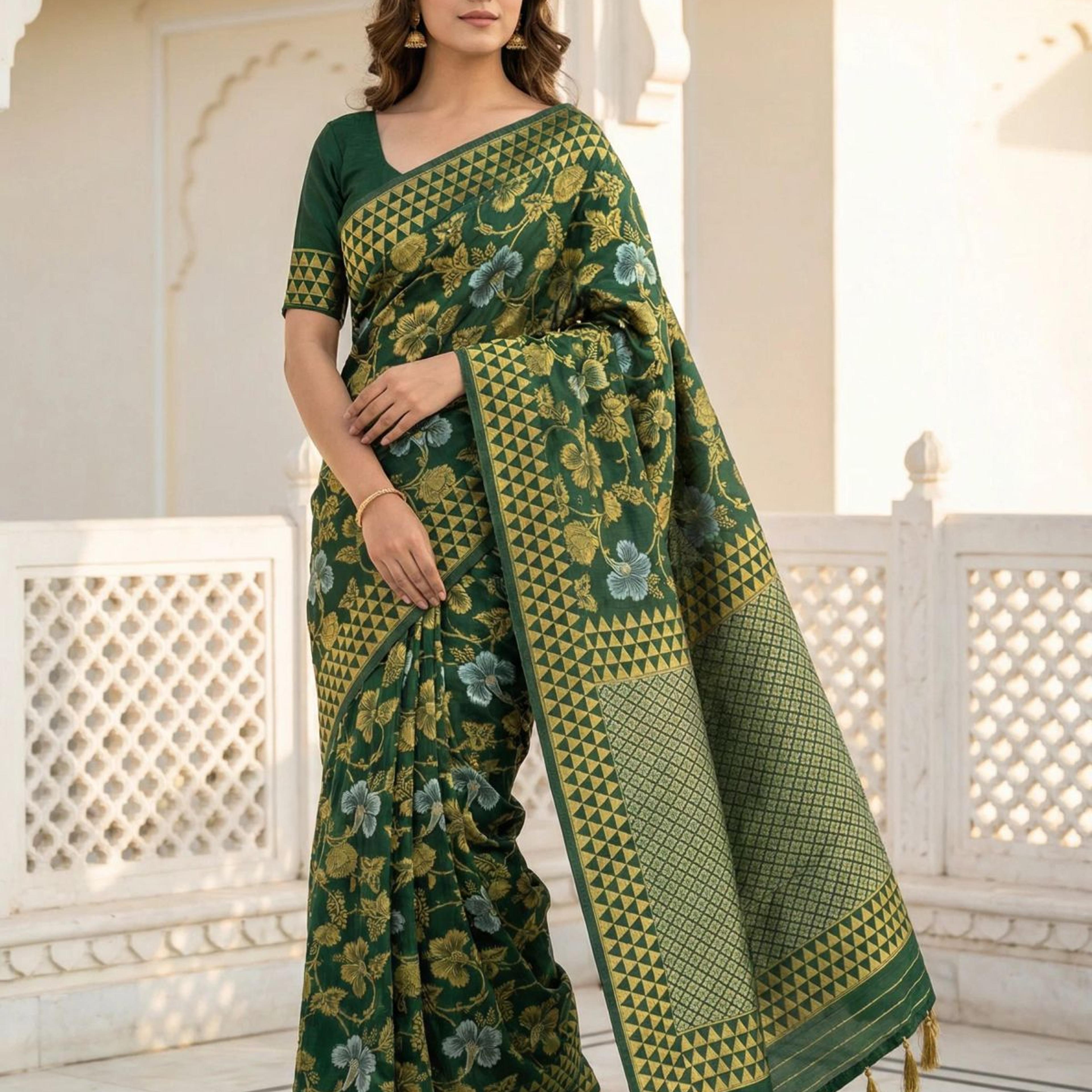 MIMOSA Women's Woven Design Kanjivaram Style Art Silk Saree with Blouse Piece - Green ( SA00003152GRNFREE )