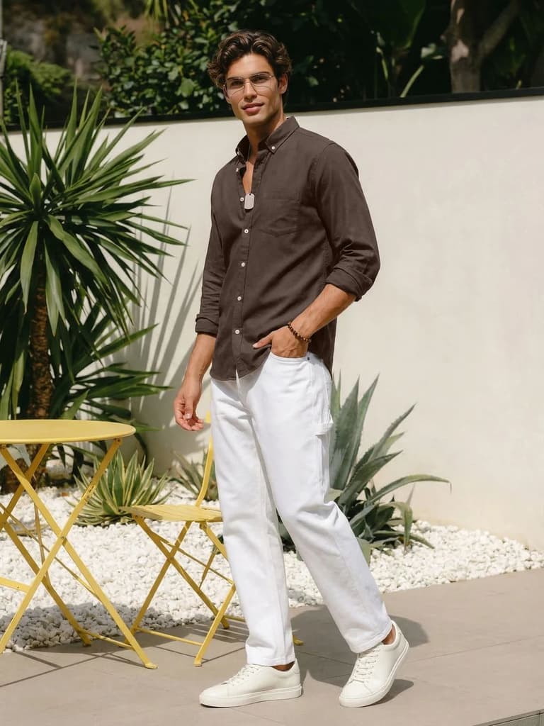 Men's Brown Cotton Full Sleeve Regular Fit Solid Oxford Shirt With Button-Down Collar — photo 4