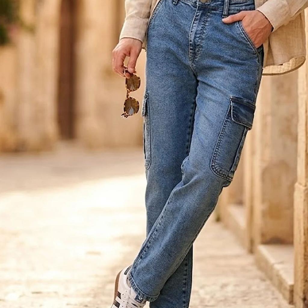 Men's Light Blue Regular Fit Washed Cargo Jeans With 6 Pockets Stretchable