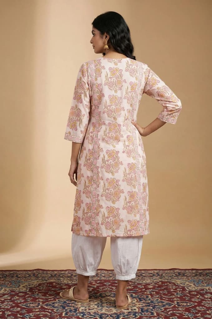 White Floral Printed Pure Cotton Straight Kurta — photo 5