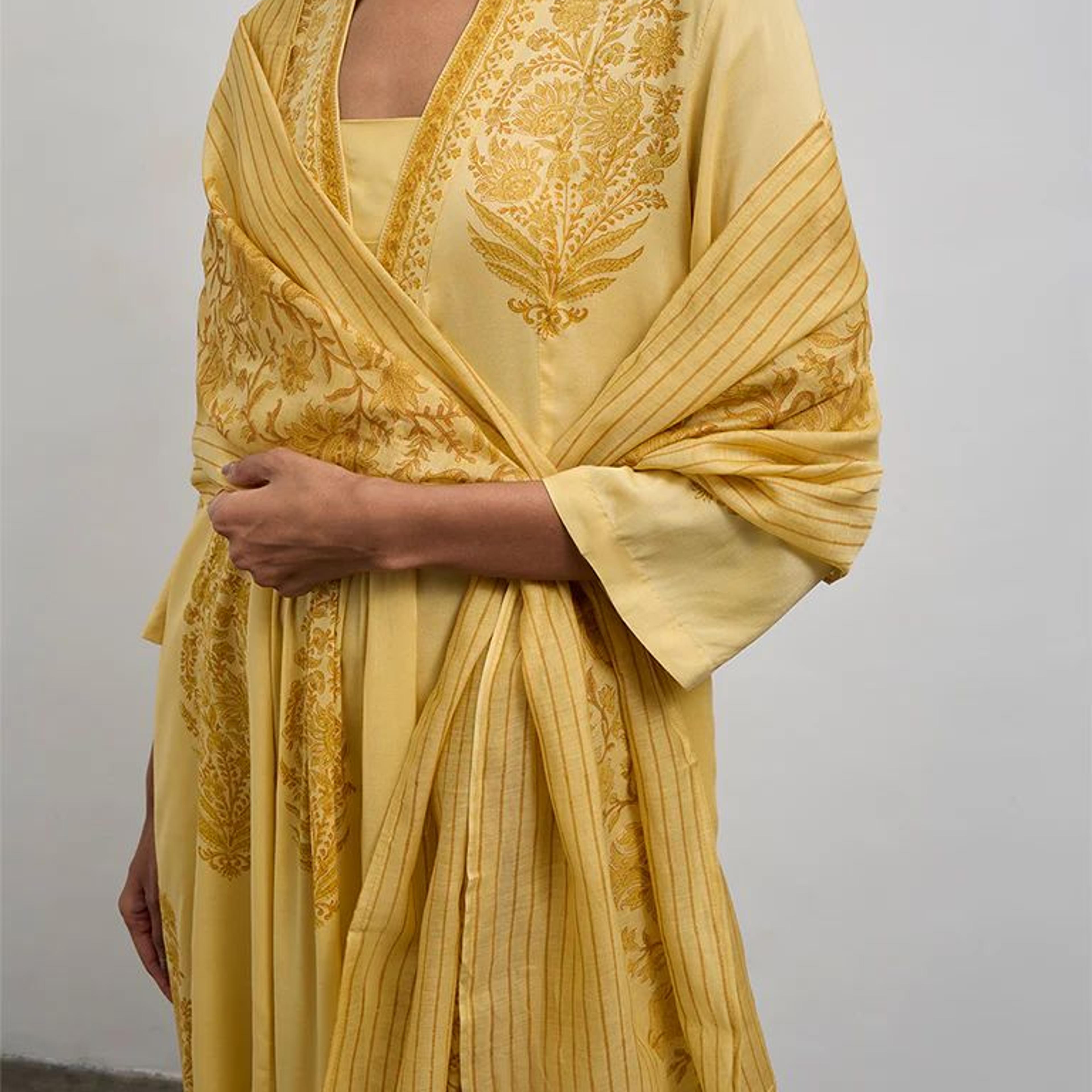 Zuba Yellow Floral Printed Silk Cotton-Blend Dupatta