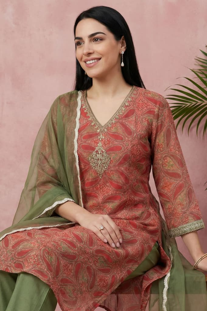 Red Sequins Paisley Printed Organza Straight Kurta With Straight Pants And Dupatta Set — photo 3