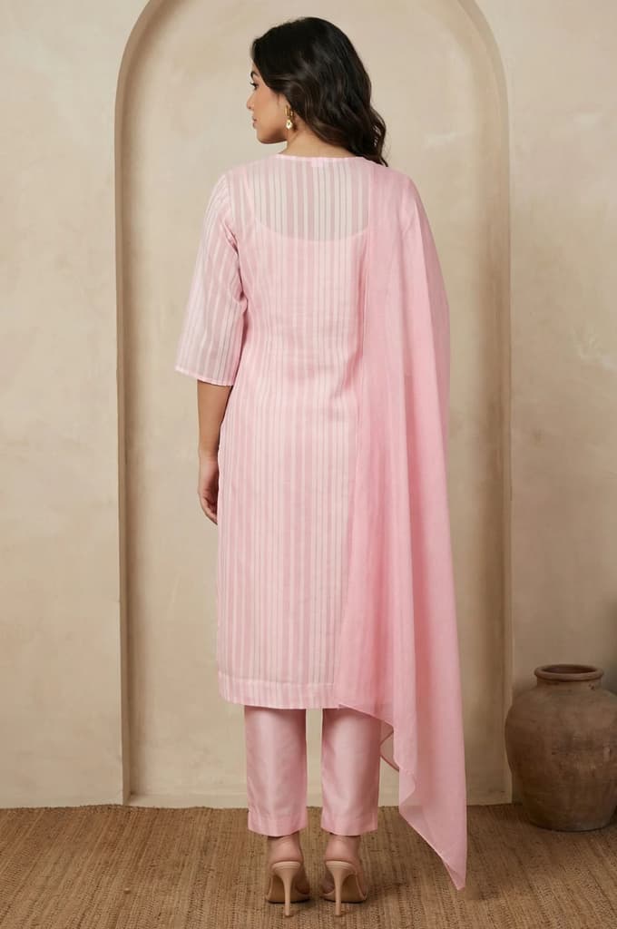 Pink Thread Embroidered Striped Organza Straight Kurta with Straight Pants and Dupatta Set — photo 4