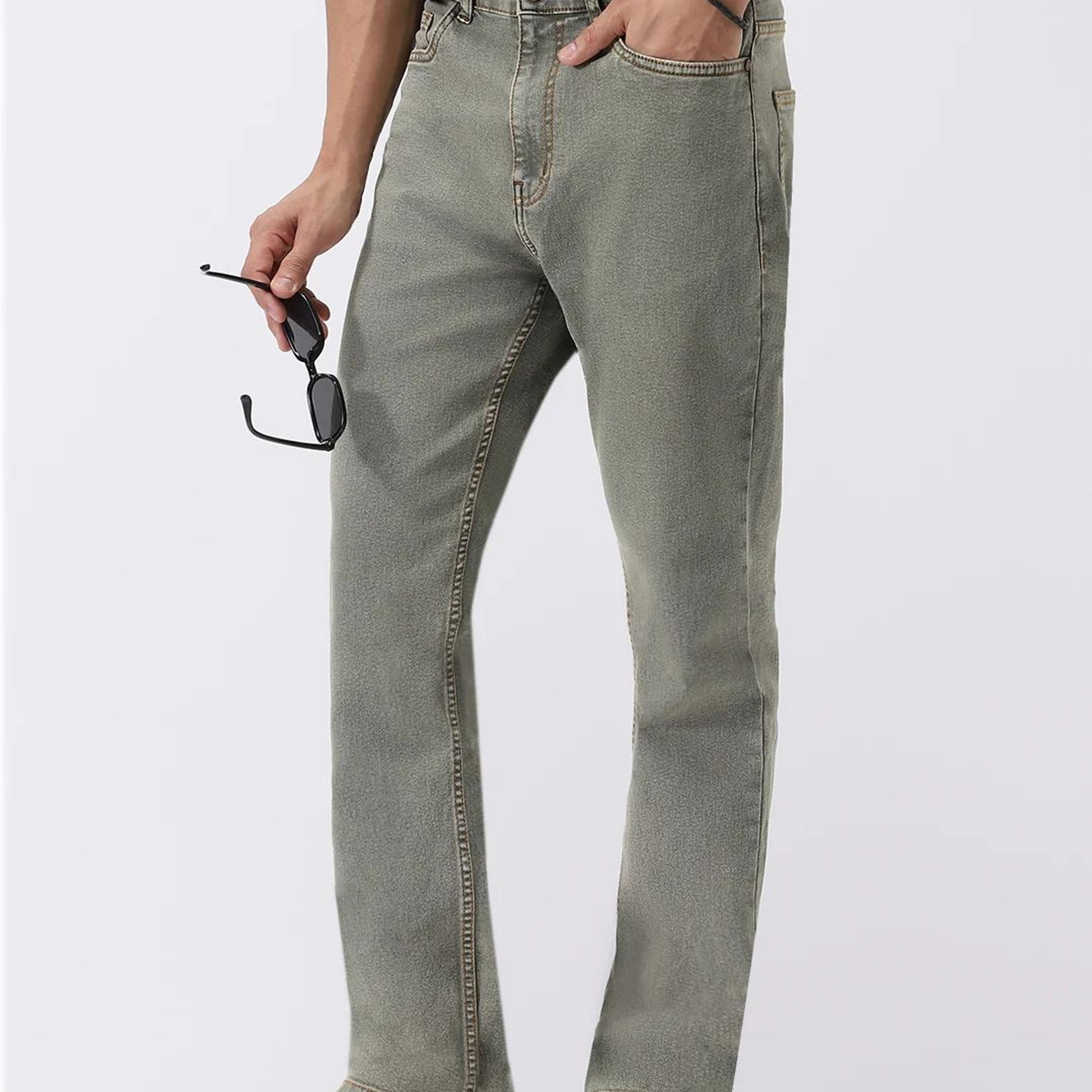 Men's Light Grey Straight Fit Heavy Washed Jeans Stretchable