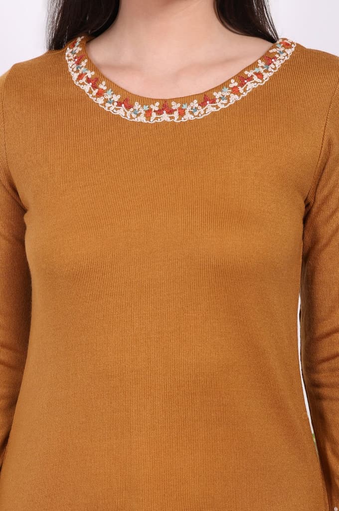 Mustard Solid Embroidered Acrylic Straight Kurta — photo 3