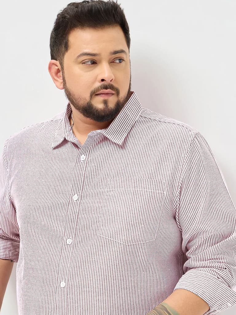 Plus Men's Maroon Cotton Full Sleeve Regular Fit Casual Striped Shirt — photo 6