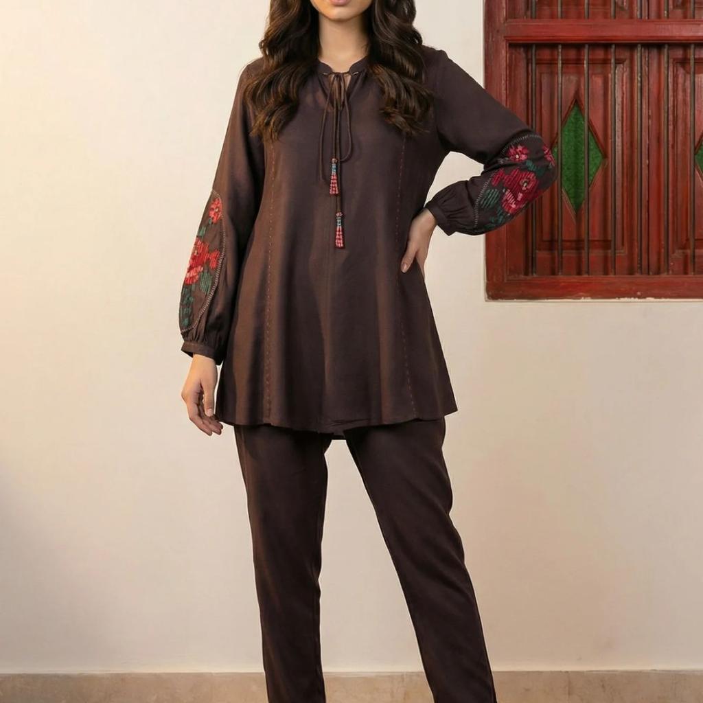 Brown Thread Embroidered Straight Winter Kurta with Pants Co-ord Set