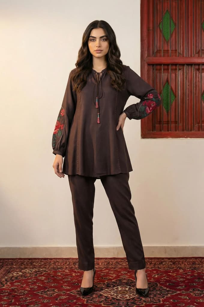 Brown Thread Embroidered Straight Winter Kurta with Pants Co-ord Set — XS
