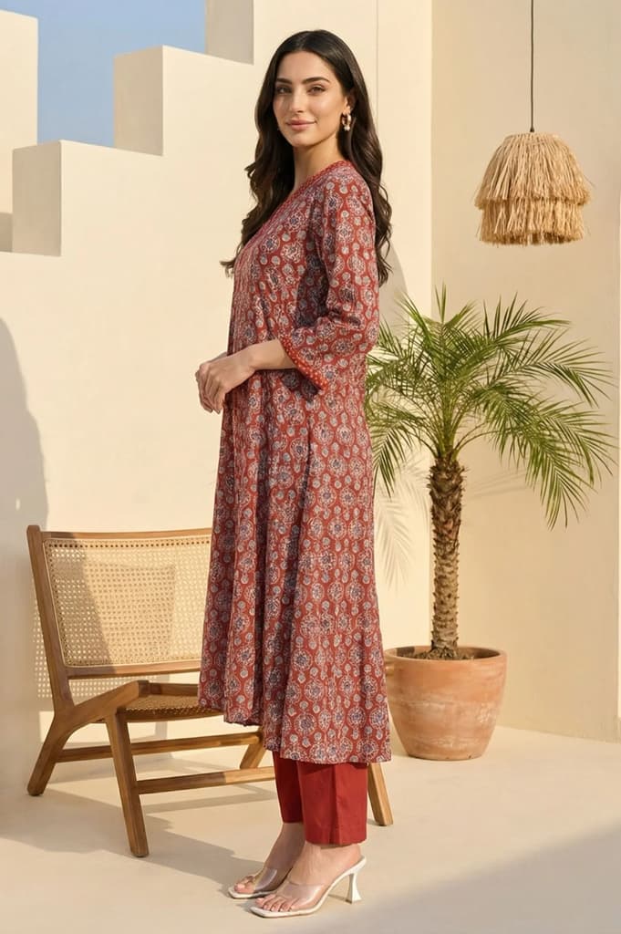 Rust Ethnic Motifs Rayon A-line Kurta — photo 2