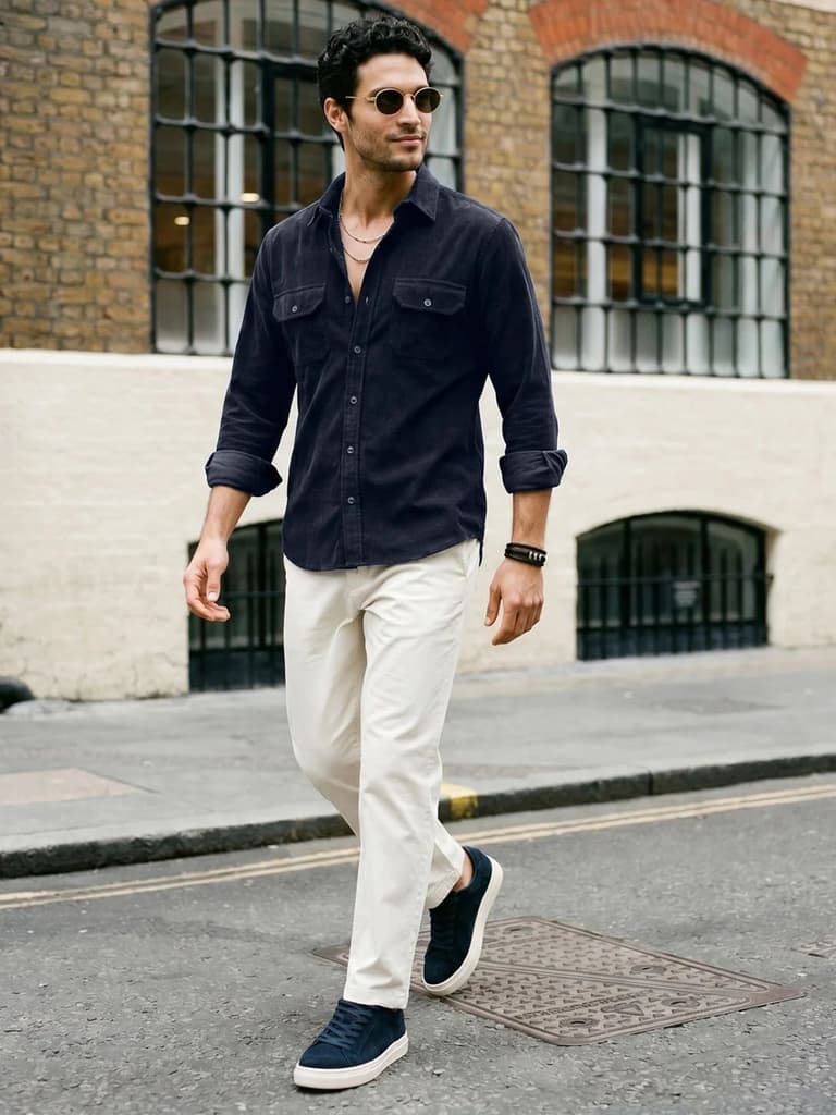 Men's Navy Corduroy Full Sleeve Regular Fit Solid Overshirt with Utility Pockets — photo 4
