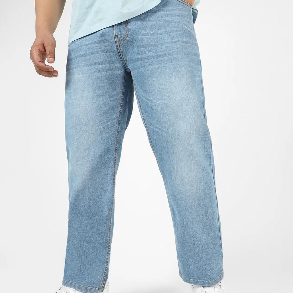 Plus Men's Light Blue Regular Fit Washed Jeans Stretchable
