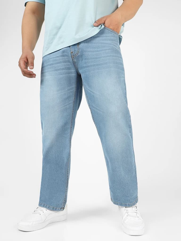 Plus Men's Light Blue Regular Fit Washed Jeans Stretchable — 36 / Light Blue