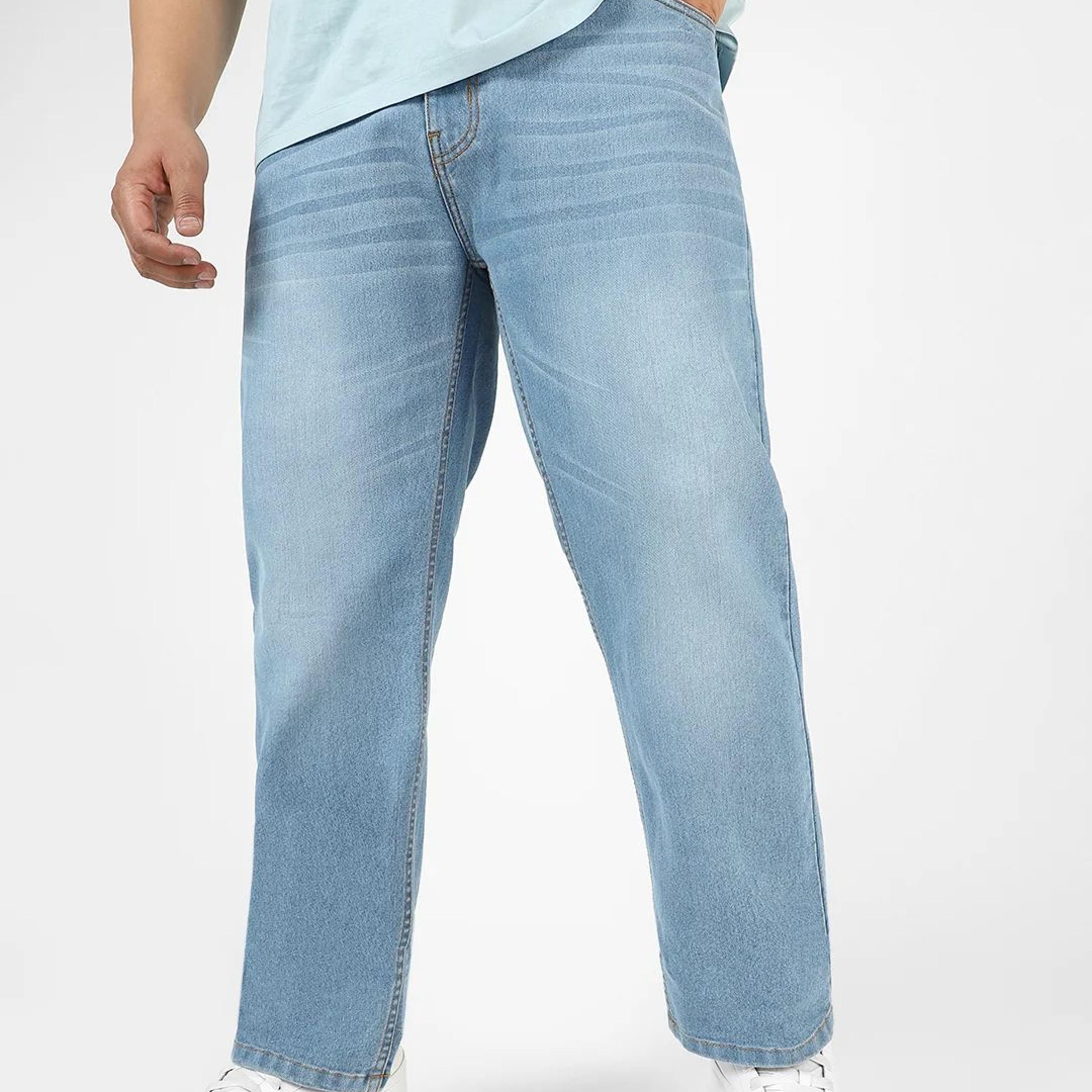 Plus Men's Light Blue Regular Fit Washed Jeans Stretchable
