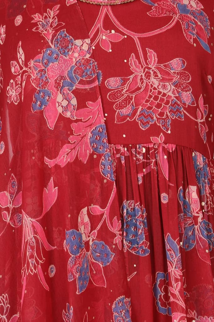 Red Floral Printed Chiffon Flared Kurta with Straight Pants and Dupatta Set — photo 2
