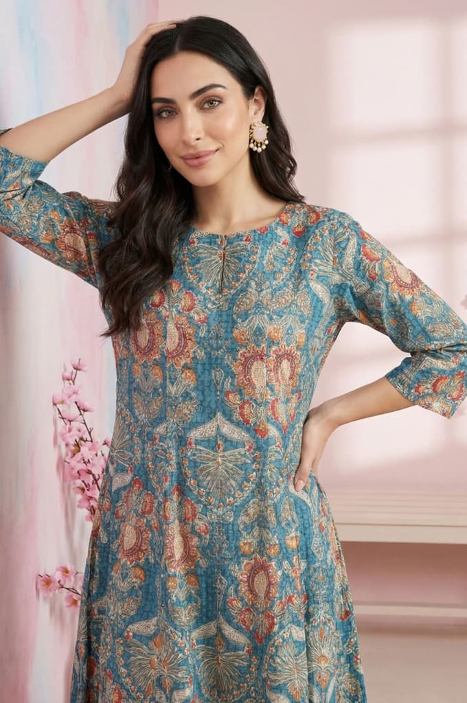 Teal Floral Printed Pure Cotton A-line Kurta — photo 2