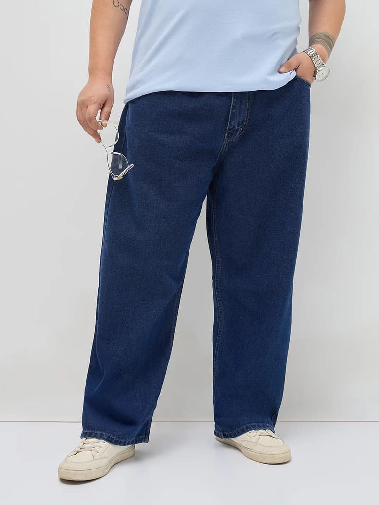 Plus Men's Blue Loose Baggy Fit Raw Washed Denim Jeans Non-Stretchable — 36 / Blue