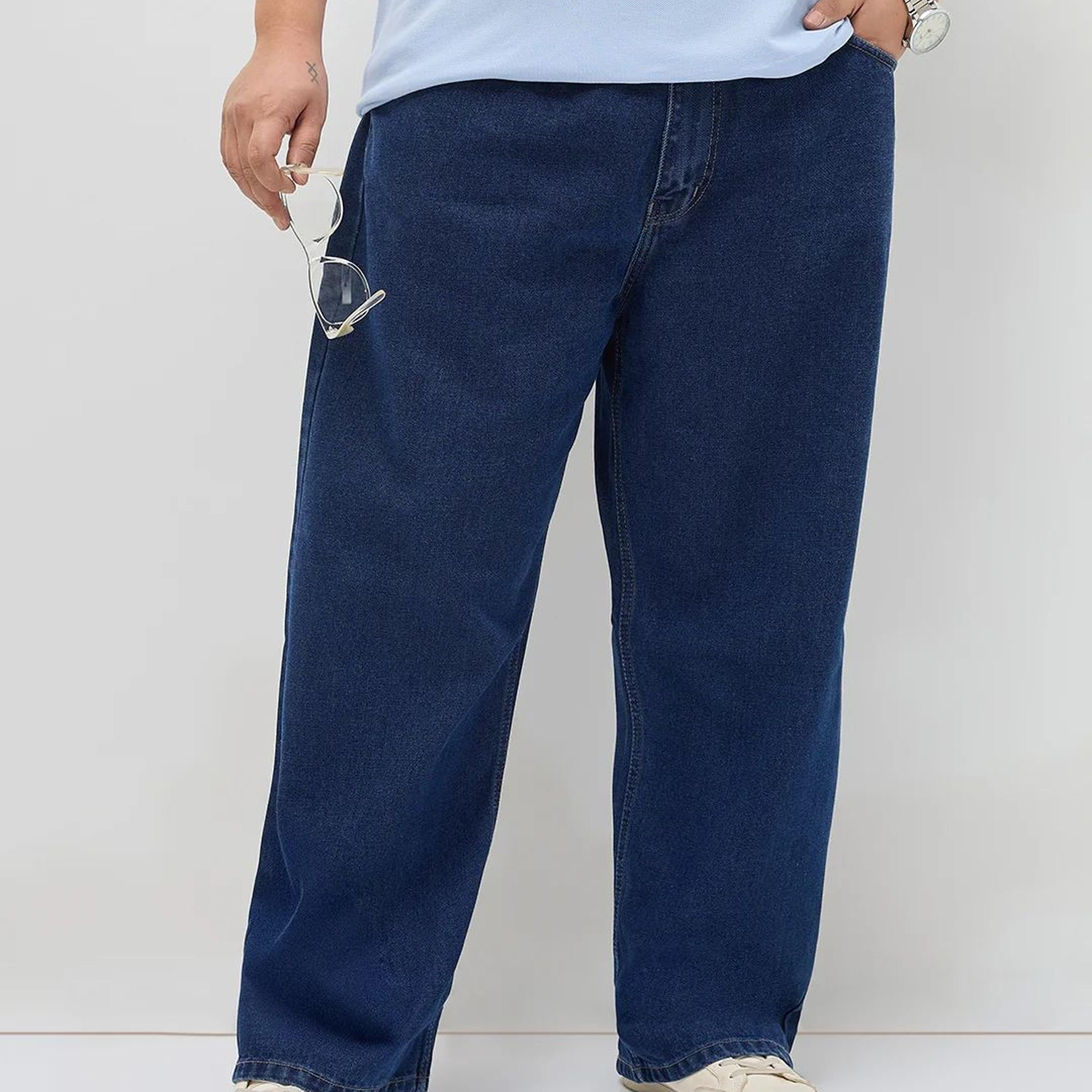 Plus Men's Blue Loose Baggy Fit Raw Washed Denim Jeans Non-Stretchable