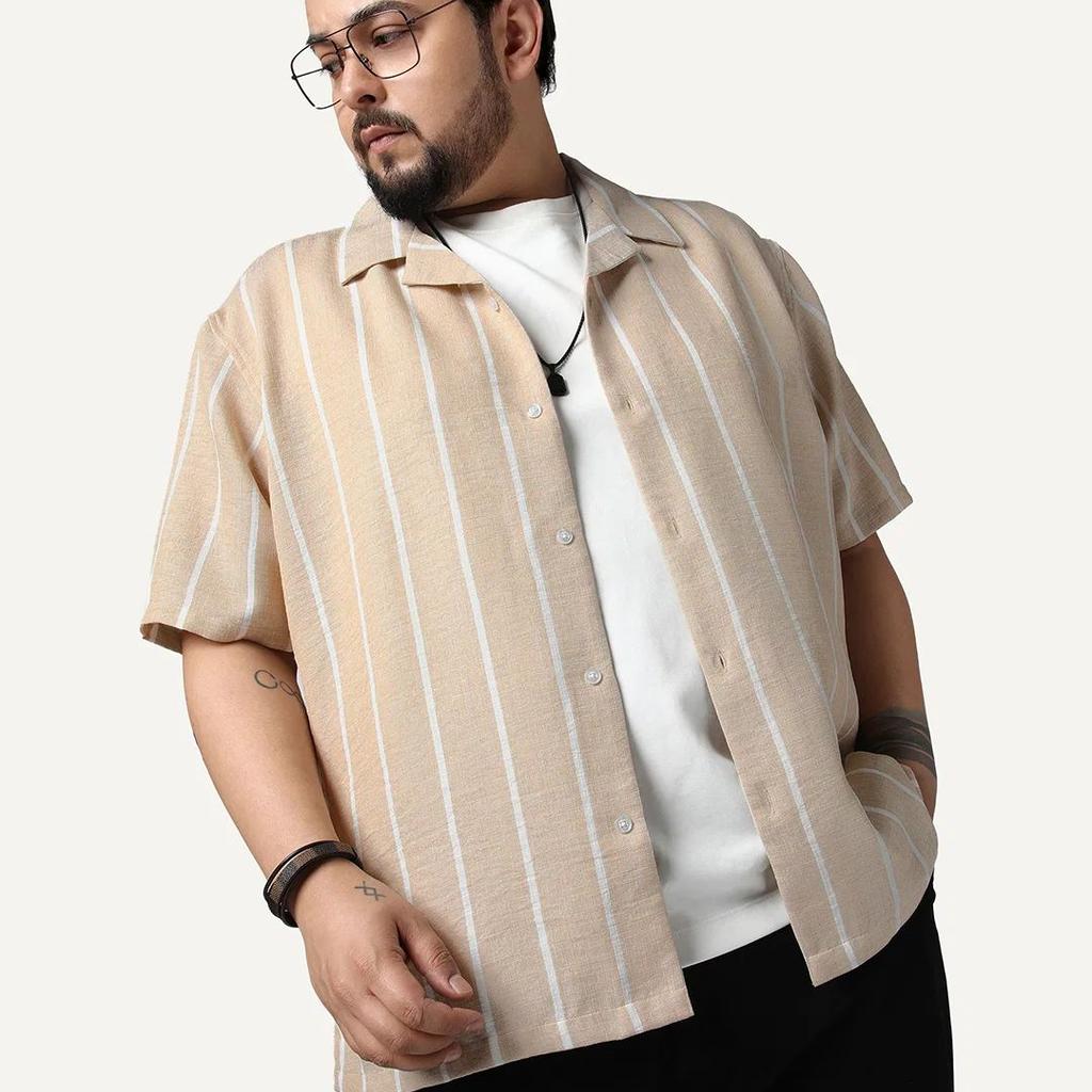 Plus Men's Beige Cotton Half Sleeve Relaxed Fit Linen Striped Shirt with Cuban Collar