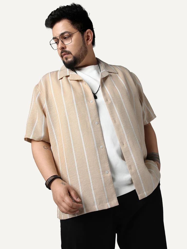Plus Men's Beige Cotton Half Sleeve Relaxed Fit Linen Striped Shirt with Cuban Collar