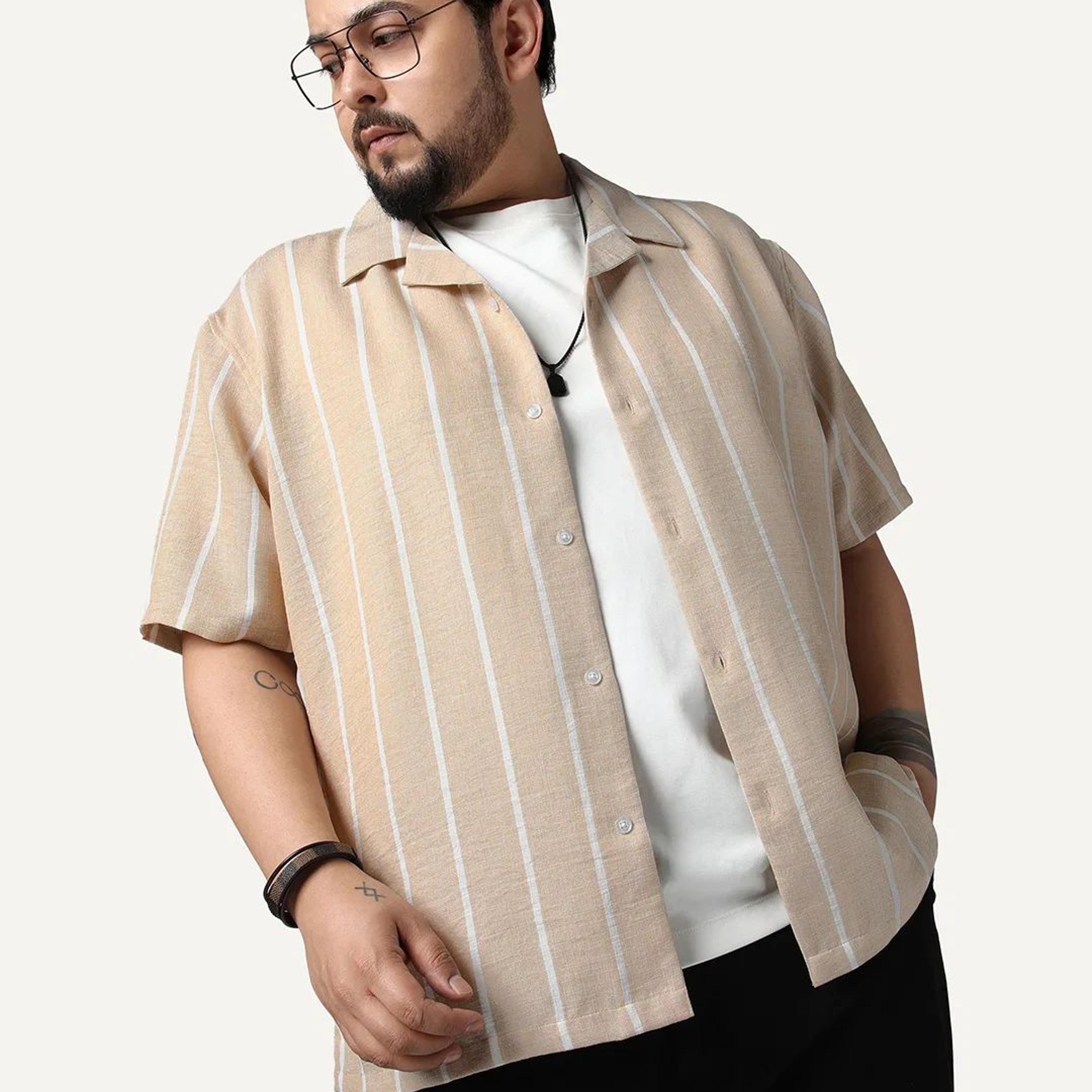 Plus Men's Beige Cotton Half Sleeve Relaxed Fit Linen Striped Shirt with Cuban Collar