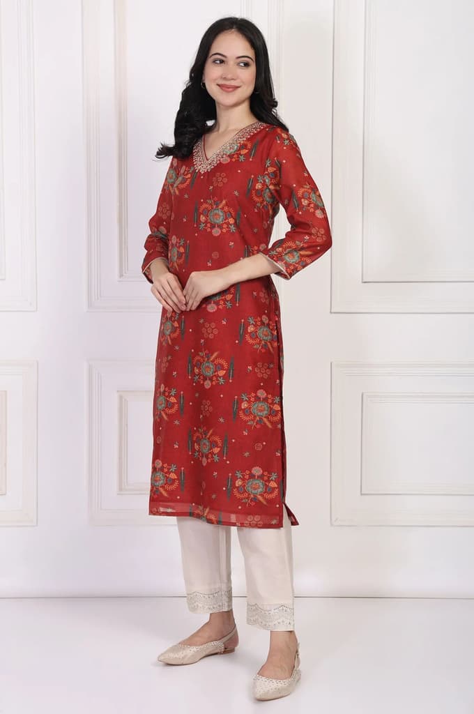 Red Floral Printed Sequined Straight Kurta — photo 4