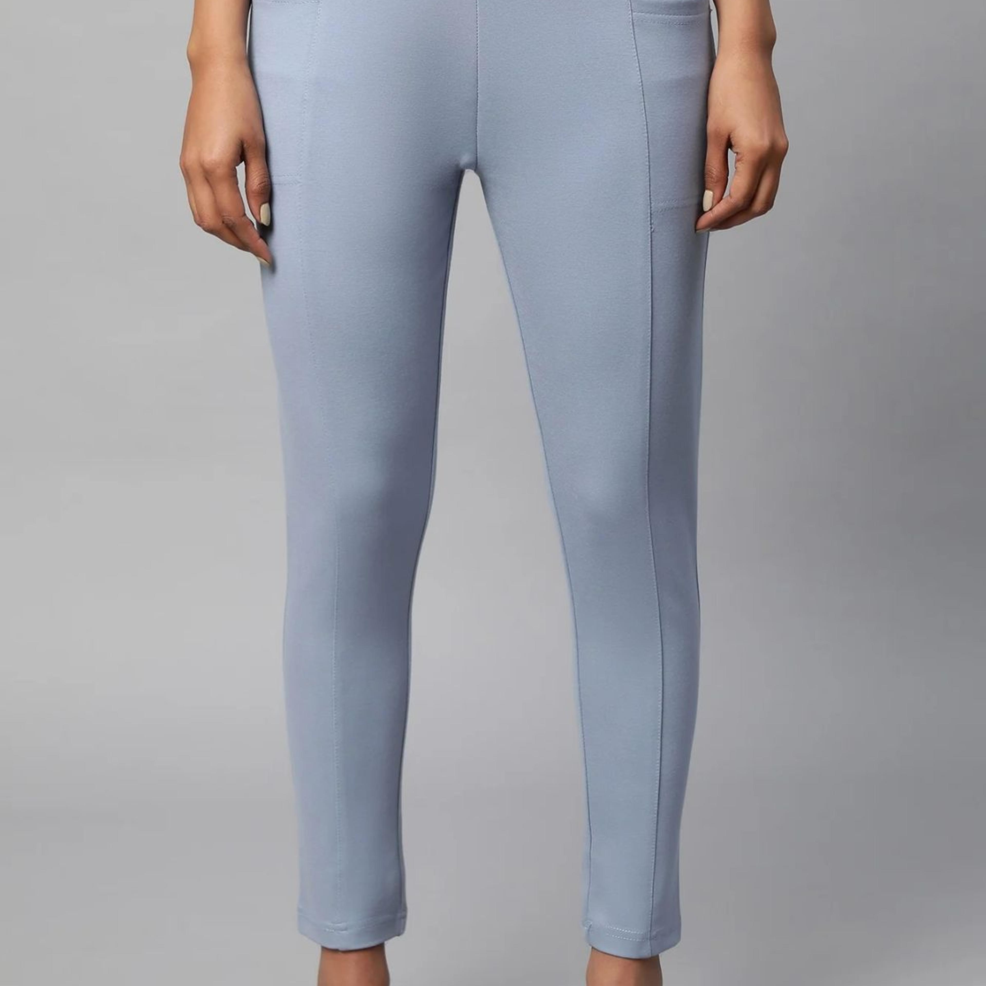 Light Blue Solid Skinny Fit Yoga Tights With Side Pockets