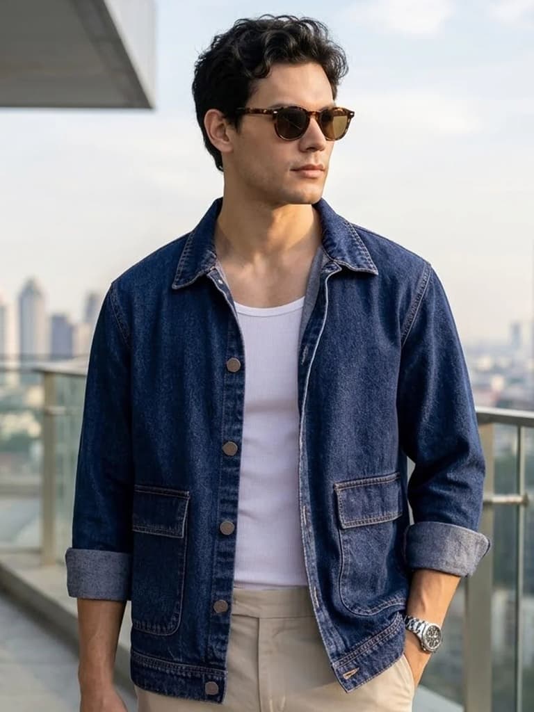 Men's Blue Relaxed Fit Full Sleeve Utility Denim Jacket — S / Blue