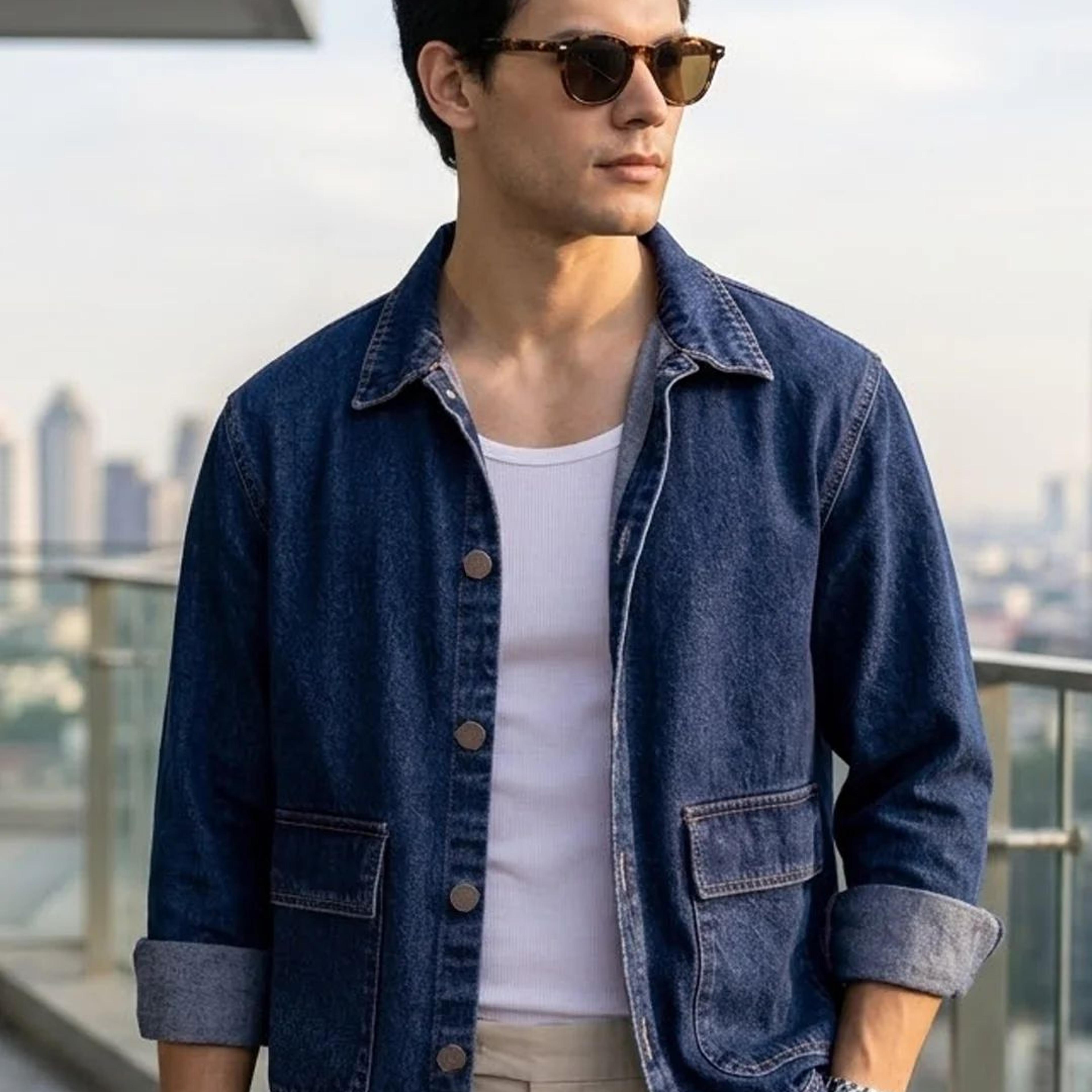 Men's Blue Relaxed Fit Full Sleeve Utility Denim Jacket