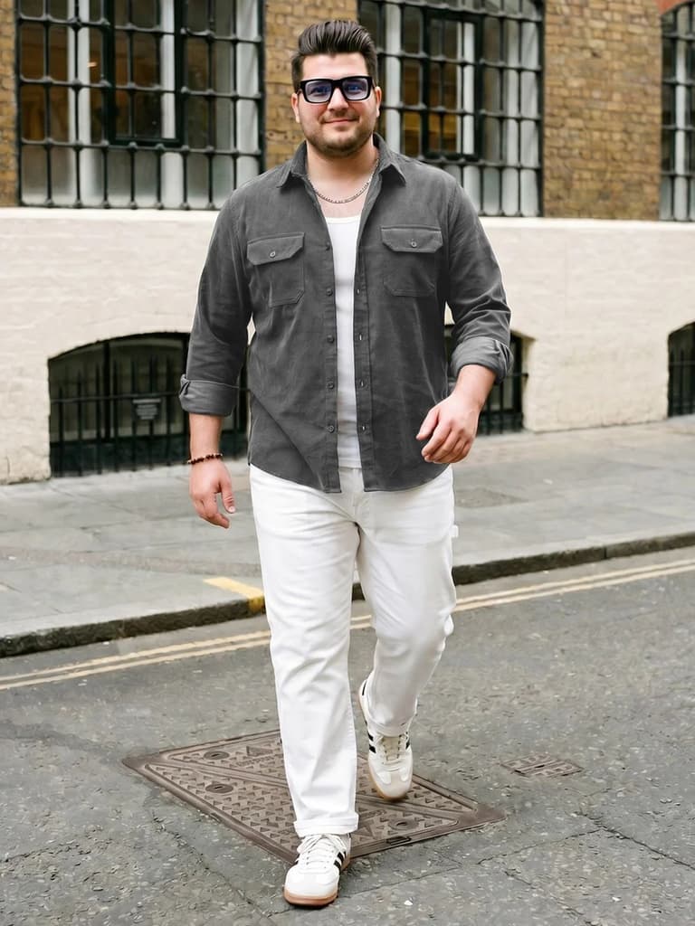 Plus Men's Grey Corduroy Full Sleeve Regular Fit Solid Overshirt with Utility Pockets — photo 4