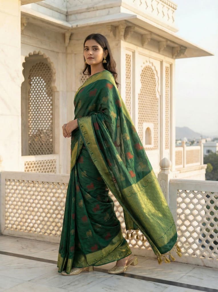 MIMOSA Women's Woven Design Banarasi Style Raw Silk Saree with Blouse Piece - Green ( SA00003136GRNFREE ) — photo 3