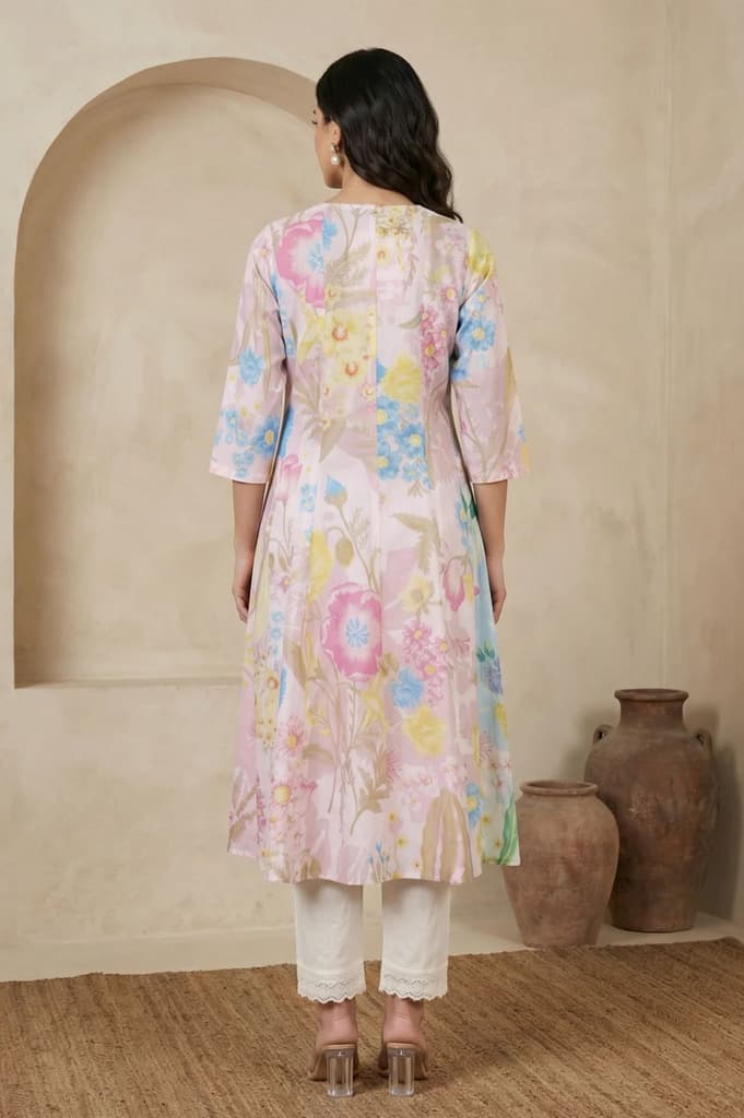 Pink Floral Printed Pure Cotton A-line Kurta — photo 5