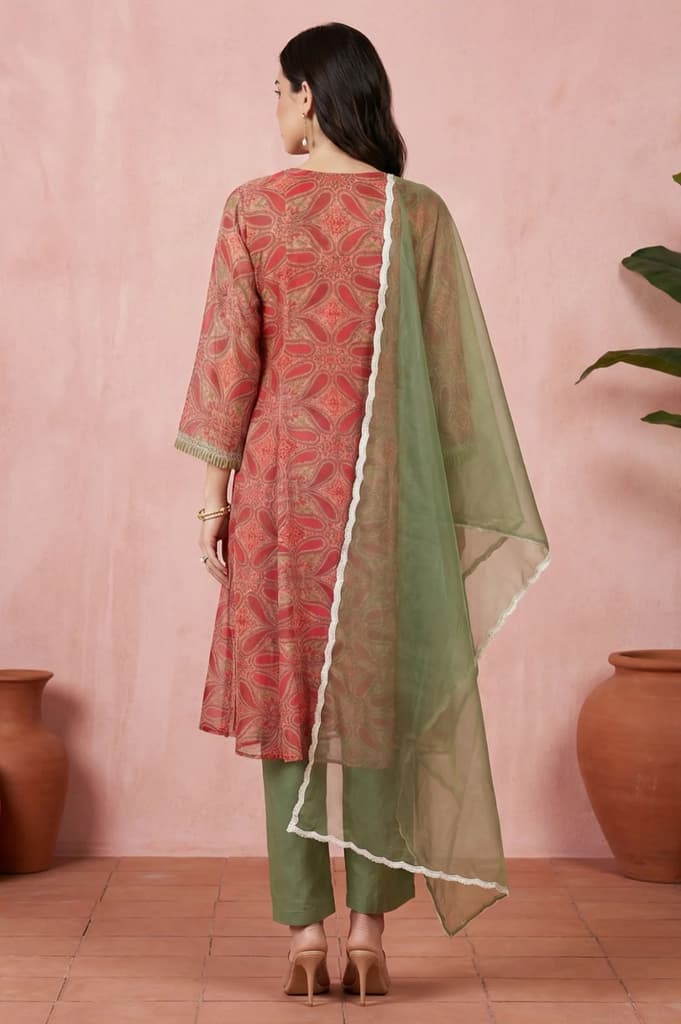 Red Sequins Paisley Printed Organza Straight Kurta With Straight Pants And Dupatta Set — photo 5