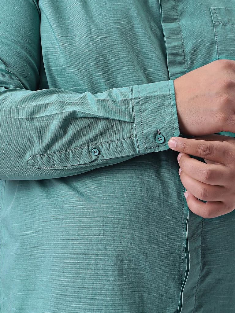 Plus Men's Light Teal Cotton Full Sleeve Regular Fit Casual Solid Shirt with Band Collar — photo 6