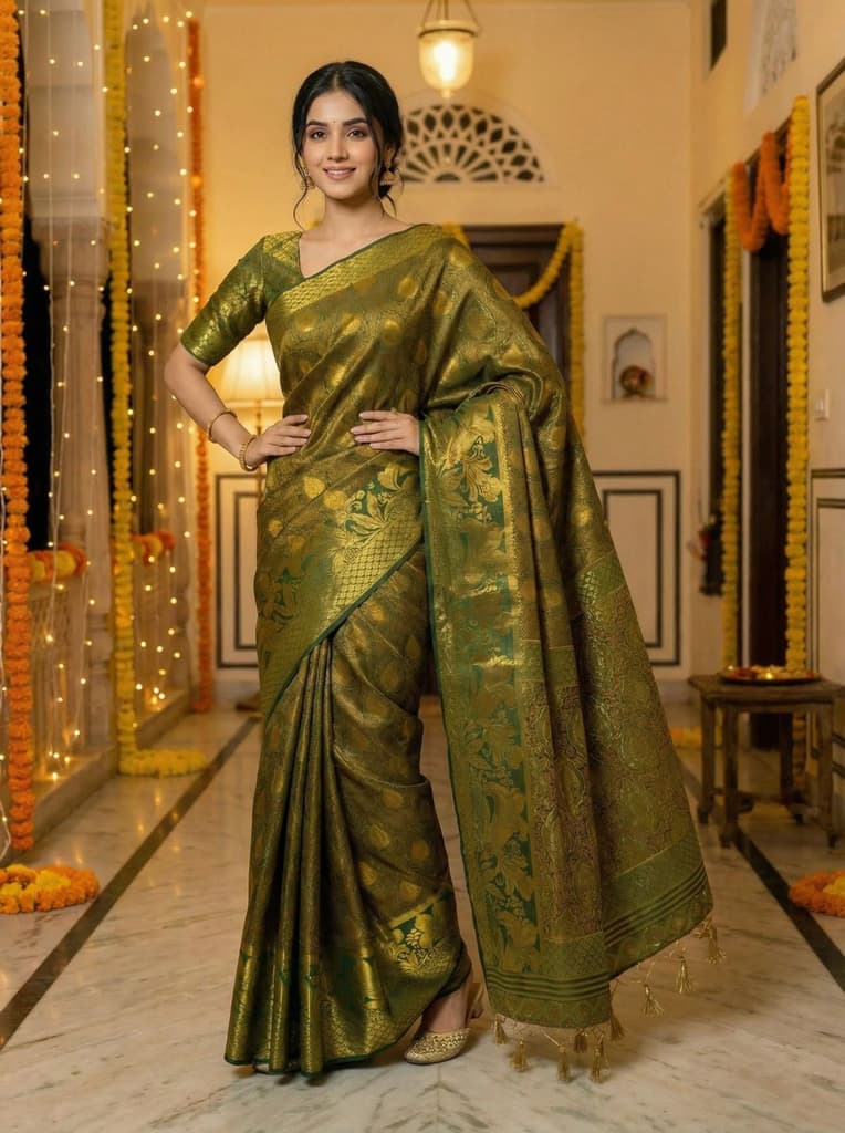 MIMOSA Women's Woven Design Kanjivaram Style Art Silk Saree with Blouse Piece - Green ( SA00003143GRNFREE ) — photo 2